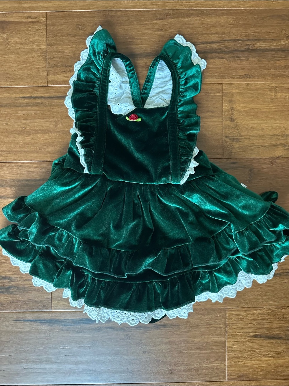 Bums and Roses Emerald Velvet Ruffle  Girls Christmas Dress with Lace Trim